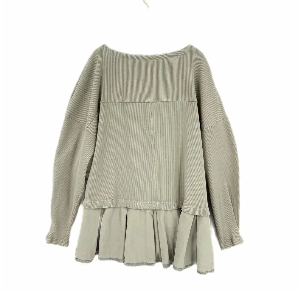 Free People Olive Green Ribbed Slouchy Flowy Hem Boho Chic Oversized Tunic Top